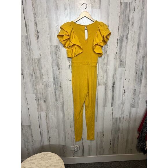 Haute Monde Mustard Yellow Ruffle Sleeve Jumpsuit | Women’s Small | Stretchy Rib - Picture 2 of 8